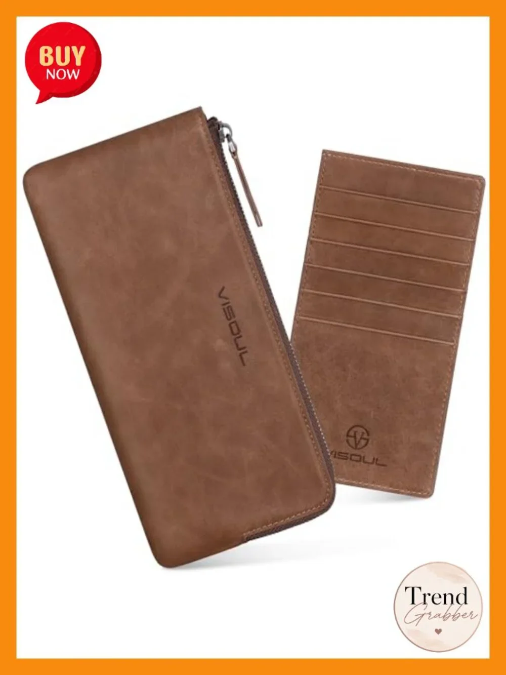 Genuine Leather RFID Zipper Cash Wallet with Removable Card Holder, Clutch Style